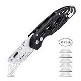 Folding Box Cutter Utility Knife Tingtio Utility Pocket Knife Box Cutter Knives with 11 Replaceable Blades, Belt Clip, Easy Release Button, Quick Change and Lock-Back Design