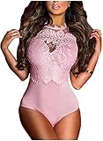 Shawhuwa Womens Sexy Floral Lace High Neck Sleeveless Bodysuit Clubwear (Small, Pink)