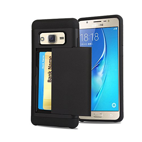 Galaxy J5 Case, CaseTop [Easy 2 Card Access] Sliding Back Door Card Holder Wallet Case - Hybrid TPU PC Cover - For Samsung Galaxy J5 (2016) / J510, Black
