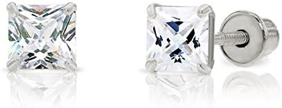 14k White Gold 4MM Cubic Zirconia Princess Cut Stud Earrings with Screw Backs