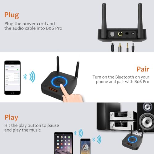 [Upgraded] 1Mii B06Pro Long Range Bluetooth 5.3 Receiver with Volume Control, aptX HD Wireless Audio Receiver for HiFi, aptX Low Latency for Old Amp (RCA Digital Optical TOSLINK Coaxial)
