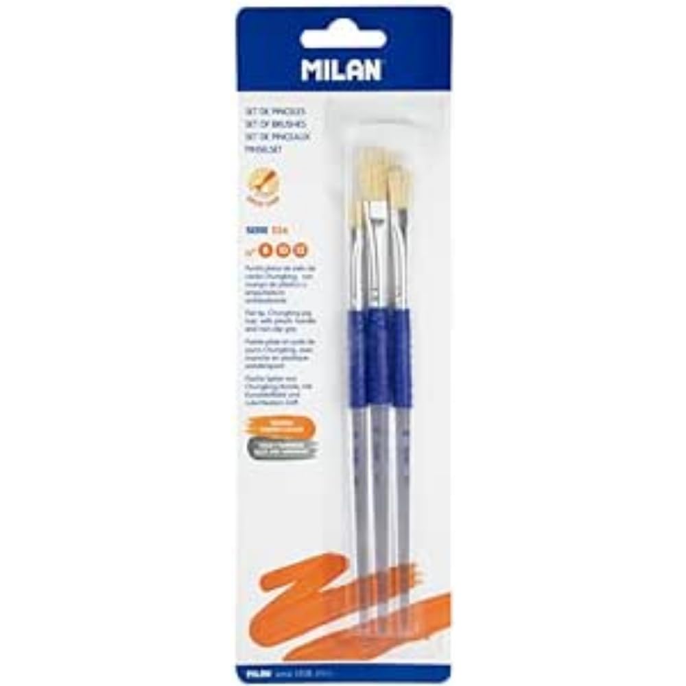 Blister Pack of 3 Flat Brushes (Chungking Bristle Hair) Ergo Plastic Handle, Series 526 No. 8, 10 and 12 Blue