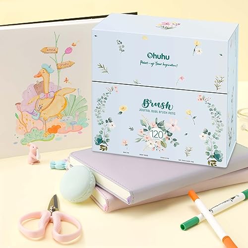 Ohuhu Rotuladores para libros de colorear para adultos, sin traspaso de tinta, 120 colores, a base de agua, doble punta (delineador fino y pincel) - Maui - Blanco
