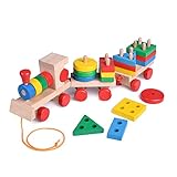 15.5 Inches Wooden Stacking Toys Train with Shape Sorter and Stacking Blocks, Toddlers Puzzle Toys, Pull Toys for Toddlers, Preschool Educational Toys