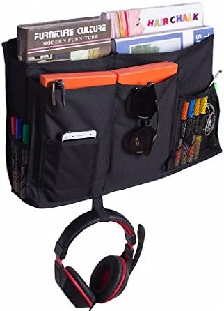 IDecHome Hanging Bed Organizer, 600D Nylon Pockets Bedside Sofa Desk Chair Storage Caddy, Phone Book Magazine Holder