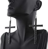 Black 4 Inch Drop Dangle Cross Earrings with Rhinestones