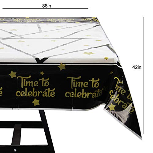 177 Piece Black and Gold Celebration Party Supplies Set Including Banner, Plates, Cups, Napkins, Tablecloth, Spoon, Forks, and Knives, Serves 25