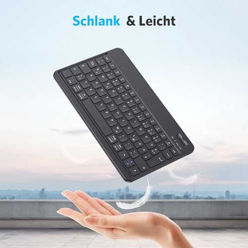 Emetok German Bluetooth Keyboard for iPad Air/Pro/Mini/10.9/10.2/9.7/iPhone/Android, Magnified Keycaps, Rechargeable, QWERTZ, Portable Wireless, Ultra Thin, Black