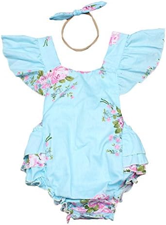 Luckikikids Baby Girls Cotton Vintage Floral Ruffle Rompers Clothing Headband Set (M(6-12M), blue floral)