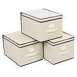 SONGMICS Large Storage Bins Cube Box with lids and Dual Non-woven Handles for Home Closet Bedroom Drawers Organizers Set of 3, Beige URLB40M