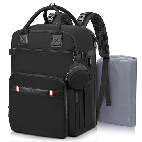 Mancro Travel Diaper Bag Backpack for Moms & Dads, Large Baby Backpack with Laptop Compartment, Changing Pad & Pacifier Case, Multifunctional Diaper Bag with Stroller Straps & Wet-Dry Pocket, Black