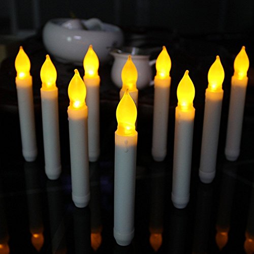 Set of 12 Flameless Amber Yellow Ivory Mini Wax Dipped White Body Flickering LED Taper Candles Nightlight Taper Battery Operated Stick Bulb for Christmas Seasonal Festival Celebration Christmas Candle