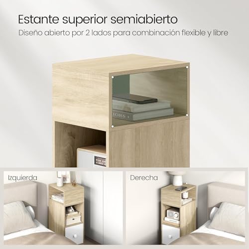 EUGAD 2X Mesas de cabeceira com 2 compartimentos e 1 gaveta, 25x30x66 cm, Mesa de cabeceira para quarto estreita, estilo moderno, Mesa lateral alta de madeira, Carvalho claro, 0192ZZ-2