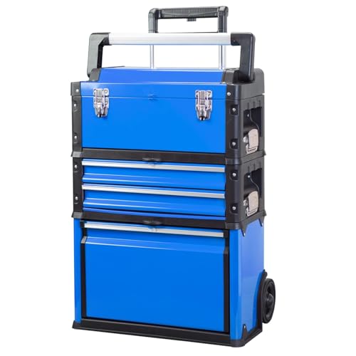 Photo 1 of BIG RED Portable + Stackable Rolling Tool Box: Metal Toolbox and Separate Rolling Upright Trolley Tool Chest with Wheels, 2 Drawers for Garage/Workshop