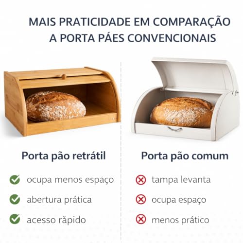 Porta Pão de Bambu Tampa Retrátil 40x27x16 cm Organizador para Bancada Armazena Pães e Bolos Abertura Deslizante Compacta Estrutura Natural Resistente para Cozinha e Mesa Posta