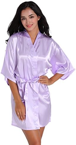 Admireme Women's Kimono Robes Satin Nightdress Pure Colour Short Style With Oblique V-Neck (S, Light Purple)