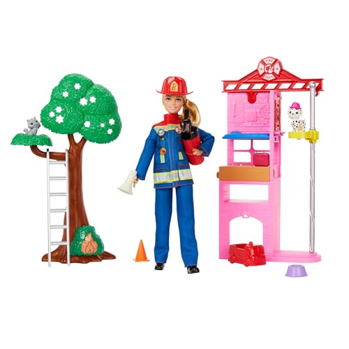 Carriere - Vigilessa del Fuoco, playset con bambola e caserma dei pompieri, include 2 cuccioli con effetto cambia colore, un albero e 10 accessori, giocattolo per bambini, 3+ anni, HRG55