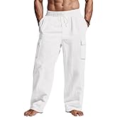 TRFIC Mens Casual Cargo Pants Summer Vacation Lightweight Drawstring Pants Elastic Waist Beach Yoga Trousers with Pockets