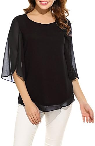 Oyamiki Womens Half Sleeve Layered Flowy Chiffon Blouses Round Neck Top Shirts