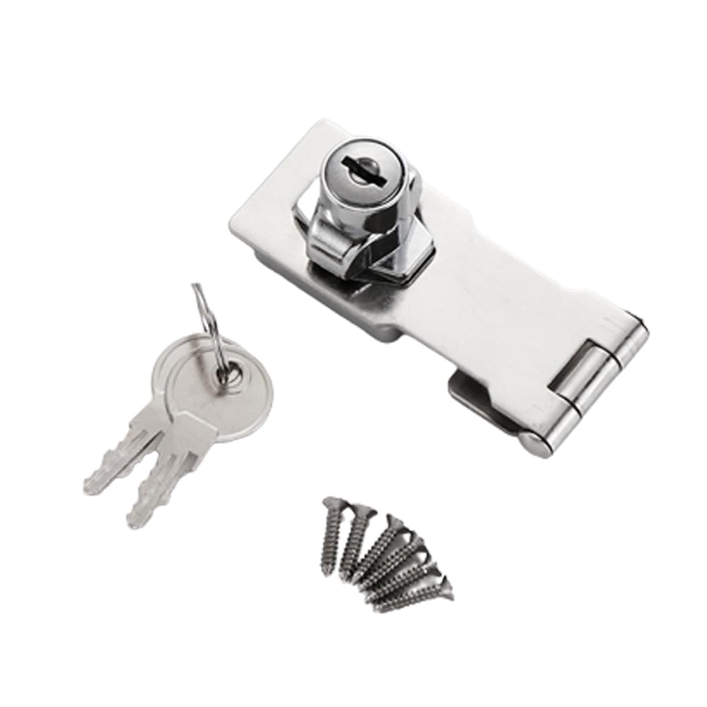 Small Hasp and Staple 90 Degrees Metal Lock Hasp Keyed Locking Hasp and Staple with Padlock Shed Lock Door Bolt Latch Buckle Safety Door Clasp Knob Shed Locks for Cabinets Cupboard Drawer Gate 3 Inch