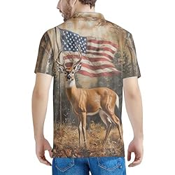 HUGS IDEA American Flag Mens Golf Shirt Deer Short