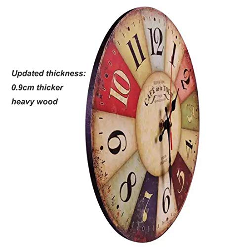 Qukueoy 30cm Thick Wood Kitchen Wall Clock Retro Farmhouse Clocks for Living Room Decor Bedroom Restaurant,Silent Battery Operated,Colorful Tuscan Country Style