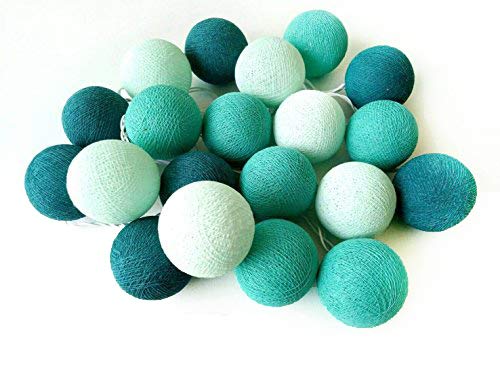 NAVA CHIANGMAI Handmade 20 Cotton Ball Pastel Colours Fairy String Lights Party Patio Wedding Bedroom Decor (Teal Turquoise Tone)