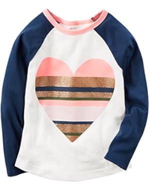Girl's L/S Raglan, Striped Heart Tee; Navy and White (4T)