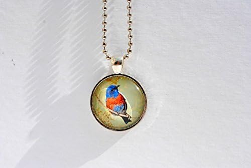 Handmade Bluebird Round Pendant Glass Dome Necklace Jewelry 24 Inch Chain