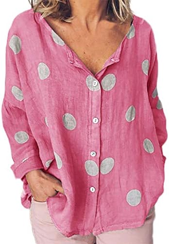 Fiosoji Women Casual Plus Size Dot Button Linen Loose Daily Blouse Beach Shirt Tops