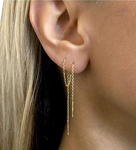 A Pair 925 Sterling Silver Tassel Threader Drop Earrings Long Chain Ear Line (Gold)
