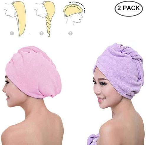 CABAX Hair Towel Wrap Turban Microfiber Drying Bath Shower Head Towel with Buttons, Quick Magic Dryer, Dry Hair Hat, Wrapped Bath Cap (2 Pack-Purple&Pink)