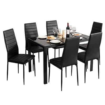 Buy Giantex Kitchen Dining Table Set Glass Tabletop Dining Room Set With Leather Padded 6 Chairs Rectangular Modern Metal Frame Table For Dining Room Kitchen Dinette Compact Space Black Online In Indonesia