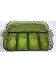 Single Detail Page Misc: Vintage Indiana Glass Green Fruit Pattern Divided Serving Plate Platter Dish - Indiana Glass Company