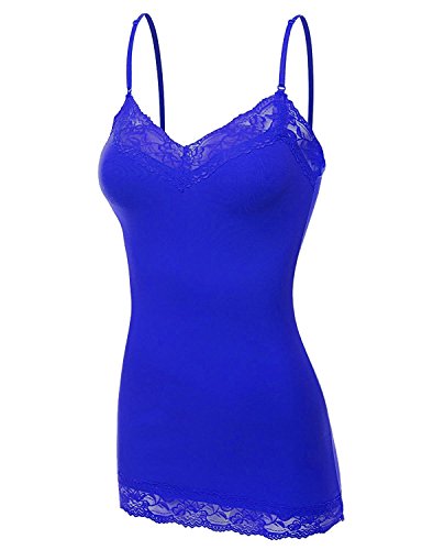 XT1004L Ladies Adjustable Spaghetti Strap Lace Trim Long Tunic Cami Tank Top Royal 2XL
