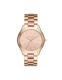 Reloj de pulsera de Michael Kors tamaño mediano de tres manecillas, de acero inoxidable, color dorado con correa de cuero.