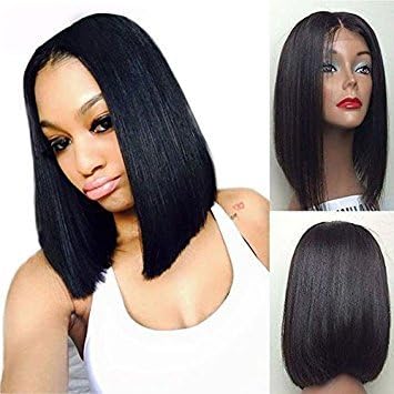 LUFFYWIG Brazilian Short Bob Full Lace Wig Silk Straight Human Hair Wigs with Baby Hair for Black Women Natural Color Middle parting 130 Density 10 Inch