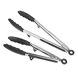 TAKOYI Kitchen Food Tongs, 2 Pack Stainless Steel Salad Locking Non-Stick And Non-Stick Cooking Tongs All Food & BBQ, Set Of 9, 12 Inch Cooking Tongs With Silicone Tips Build-In Stand Fixed (Black)