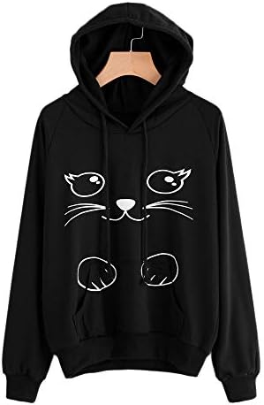 Khhalisi Women's Full Sleeves Black Cat Print Sweatshirt Hoodie with Kangaroo Pockets