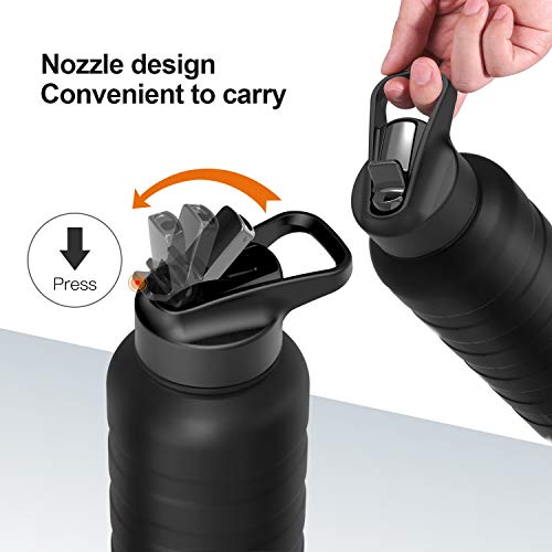 REYLEO Insulated Water Bottle with Straw Lid- 24 Oz Black, 2 Lids, 18/8 Stainless Steel Water Bottle, Keep Cold 24 Hours& Hot 8 Hours, Standard Mouth with Straw Lid