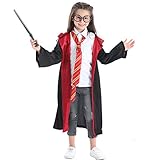 Kadou Kids 4Pcs Magical Wizard Costume Hooded Robe Role Play Dress up Set with Novelty Glasses,Tie and Wand for Children Age 3-8 Black