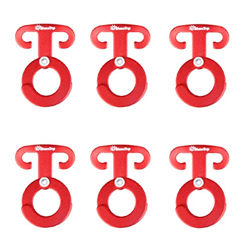 TRIWONDER Ultralight Aluminum T-Ring Hooks, Paracord Tension Camp Hooks Guyline Cord Adjuster for Tent Camping Hiking Backpacking Outdoor Activity (Red - 6 Pack)