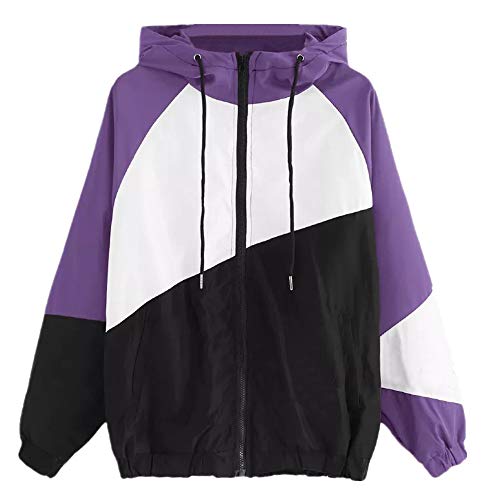 NUWFOR Women Long Sleeve Patchwork Thin Skinsuits Hooded Zipper Casual Sport Coat(Purple,L) - Thumbnail 6