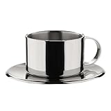 MIU France Stainless Steel Espresso Cups & Saucers, 7.5-Ounce, Silver, Set of 4