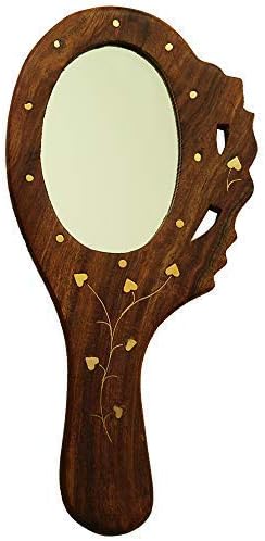 ETROVES Compact Portable Brass Inlay Cute Round Wooden Mirror with Handle - Carry in Purse for Women and Girls Ideal for Women or Stocking Stuffers for Women