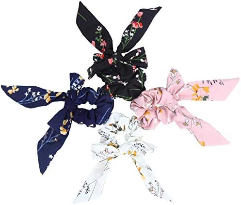 Hair Scarf Silk Scrunchies Ponytail - (4 Pack) SOLID DREAM FLOWERS Hair Ties (Black, Blue, Pink, White) Designs to match Different Outfits – Satin Silk Hair Bands for Women Teen Tween Hair Scarves Tie