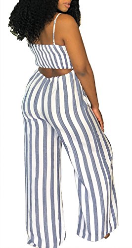 SheKiss Women's Sexy Spaghetti Strap Striped Tie Bowknot Long Pants Palazzo Jumpsuits Rompers Ladies Outfits Grey