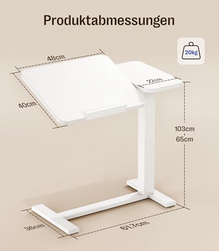 MAIDeSITe Side Table with Wheels, C-Shaped Height-Adjustable Bed Table, 70 x 40 cm Standing Table, Mobile Laptop Table with Split Table Top and Concealed Castors - Fit Dual
