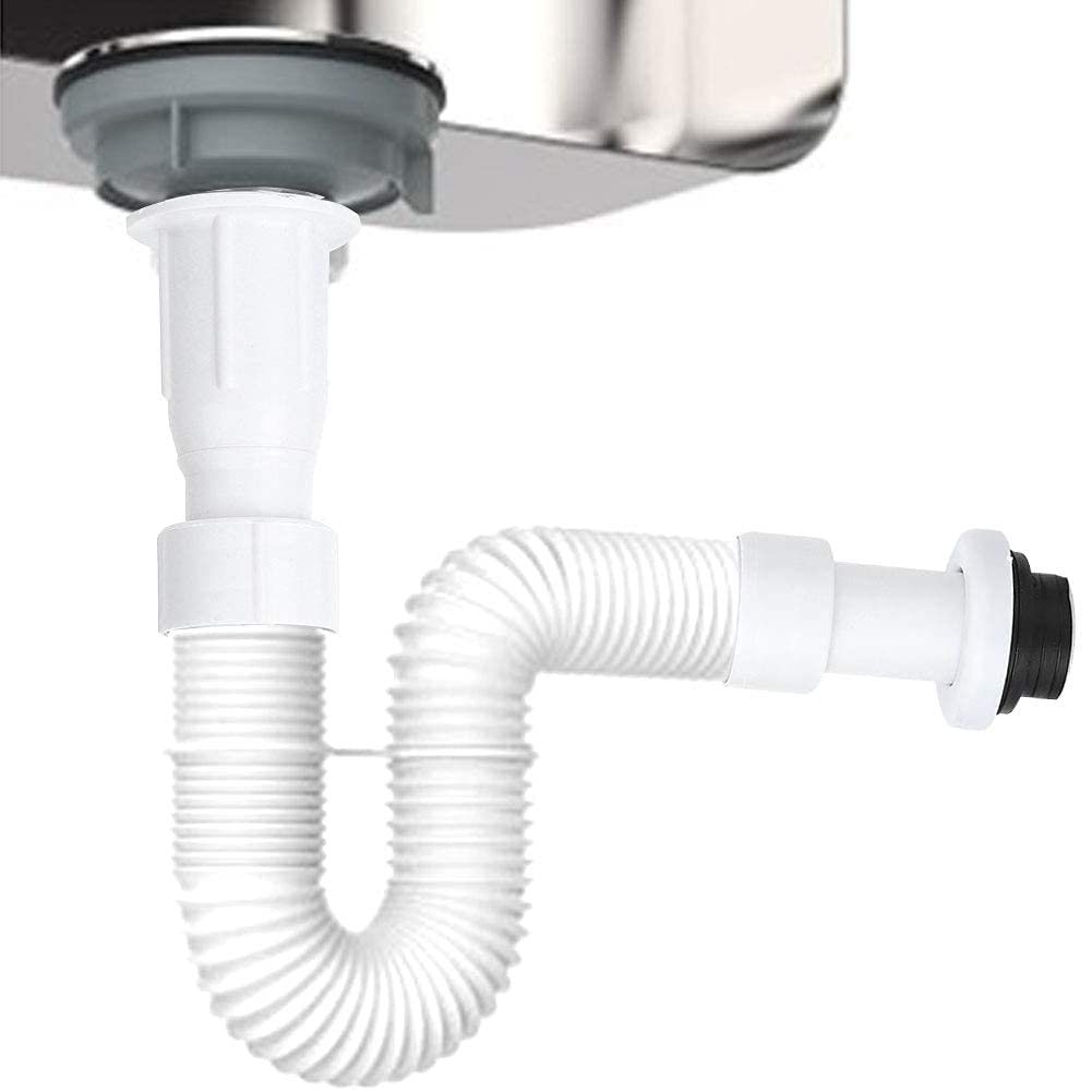 Flexible Drain Pipe, Flexible Waste Pipe with Expandable Corrugated Design 37mm Stainless Steel PTFE Plastic Hose for Bathroom Vanity Sink Drain Plumbing
