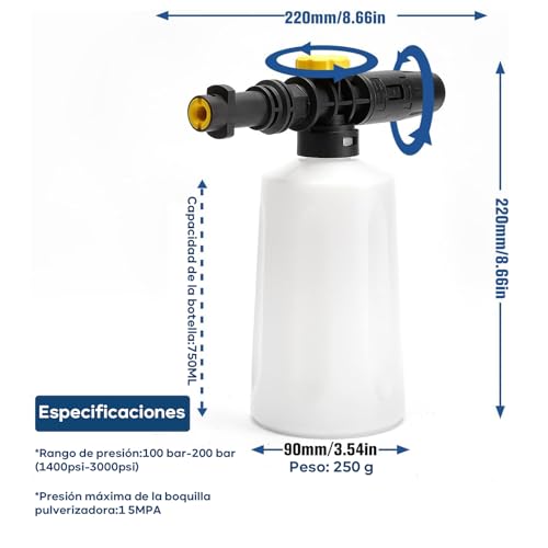 Boquillas de espuma para hidrolimpiadoras，Compatible Karcher (K2 K3 K4 K5 K6 K7 Serie K).Boquilla Rociadora Ajustable de 750 ml.Generador de Jabón, Hidrolavadora de Alta Presión, Espumador de Coche